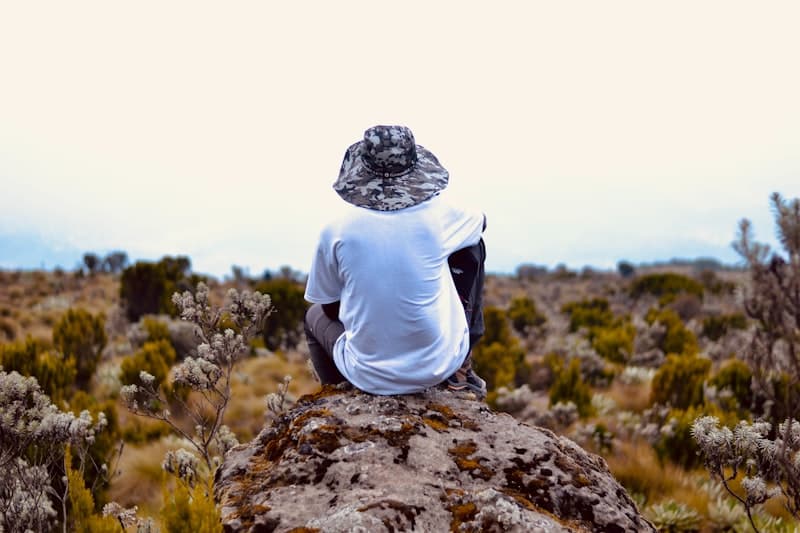 Trekker seated on rock surveying a wide mountain landscape